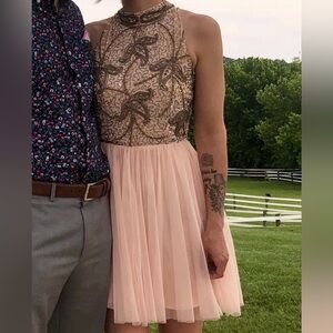 Chic Lace and Tulle Midi Dress in Pink and Brown